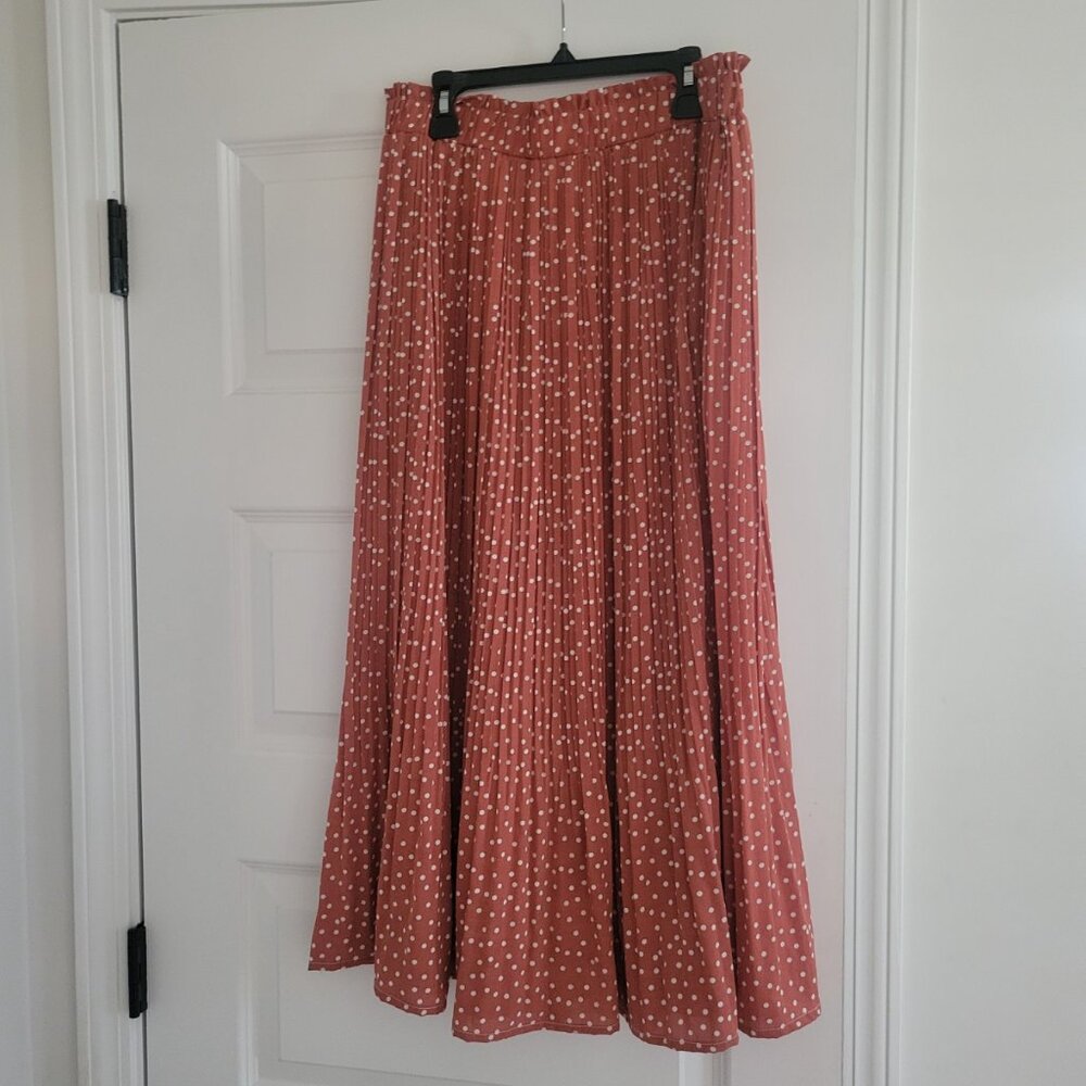 Parabler Maxi Skirt sz M L Cinnamon Brown Polka Dot Midi Elastic Waist Pockets